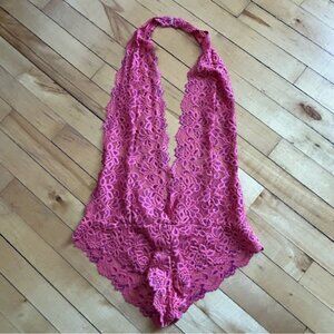 Fredericks Of Hollywood Sz L Red Pink Lace Halter Sexy Cheeky Bodysuit